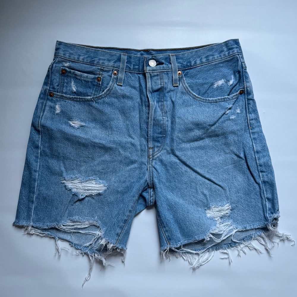 Levi's 501 high rise Distressed button up denim shorts